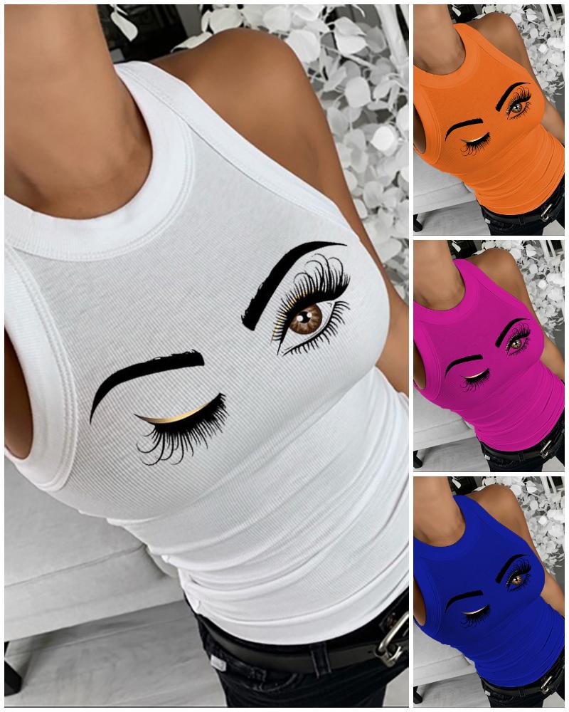 

Eyelash Print Tank Tops Summer Sleeveless Basic Cami Top Shirt Slim Knit Ribbed Racerback Blouses, White