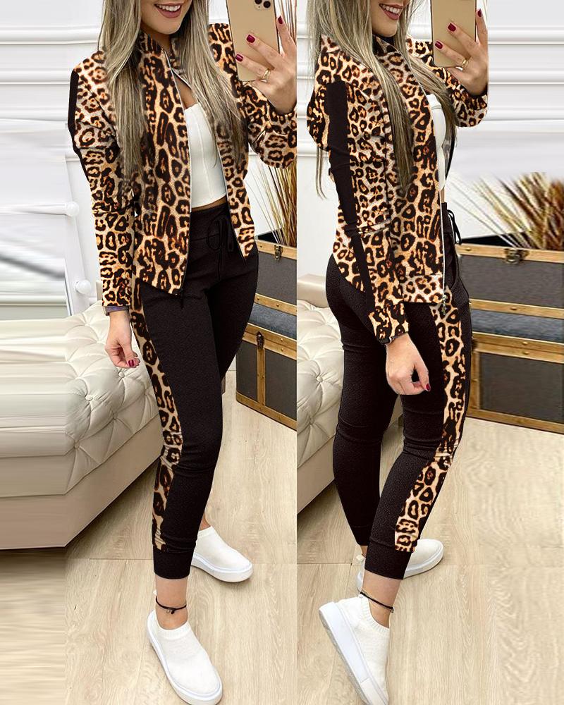 

Contrast Leopard Zipper Jacket & Drawstring Pants Set