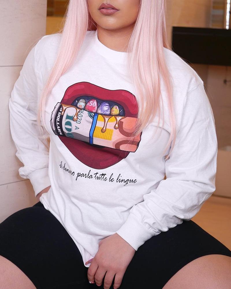 

Plus Size Lip Dollar Print Crew Neck Sweatshirt, White