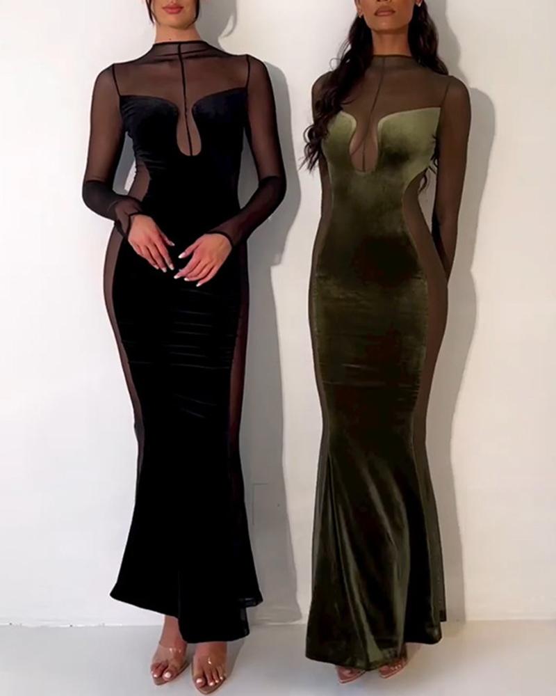 

Velvet Mesh Patch Zipper Design Evening Dress, Black