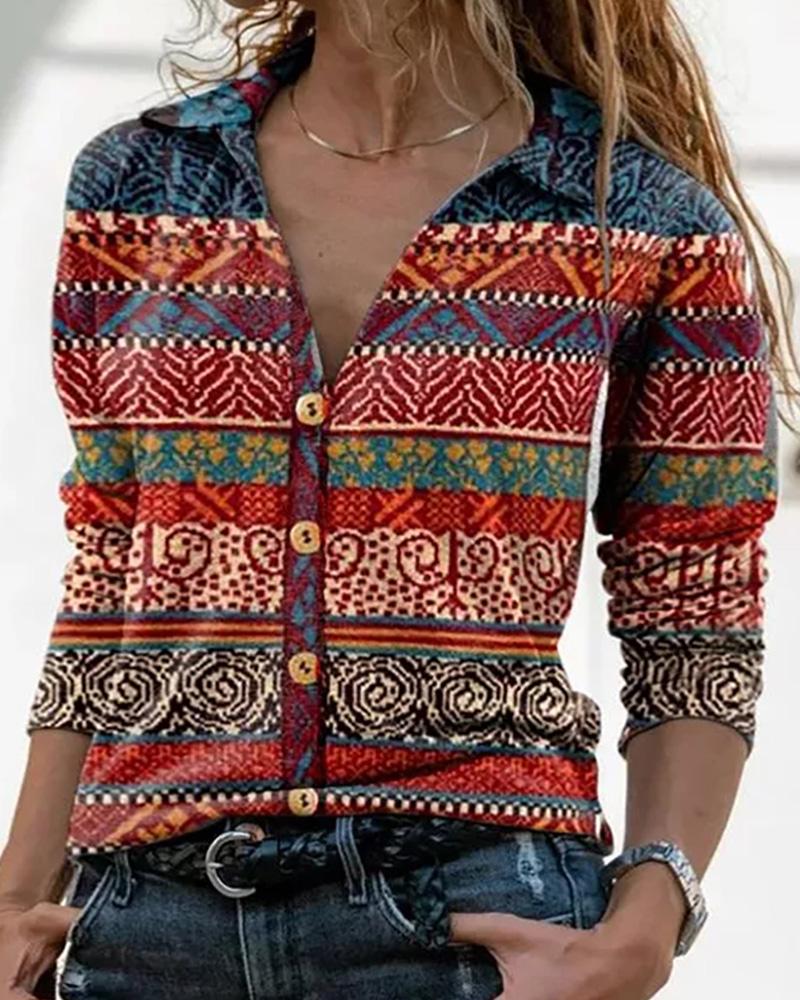 

Abstract Print Long Sleeve Button Design Shirt, Red