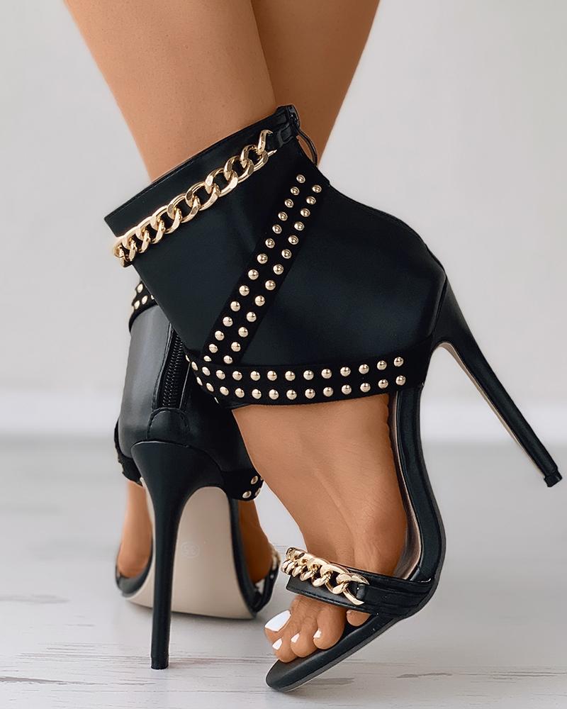 Studded Chain Decor Pointed Toe Stiletto Heels