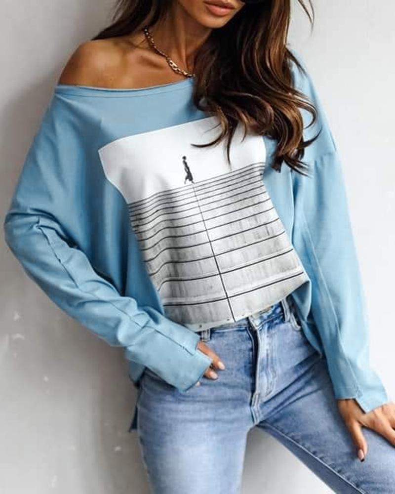 

Graphic Print Long Sleeve Top, Blue