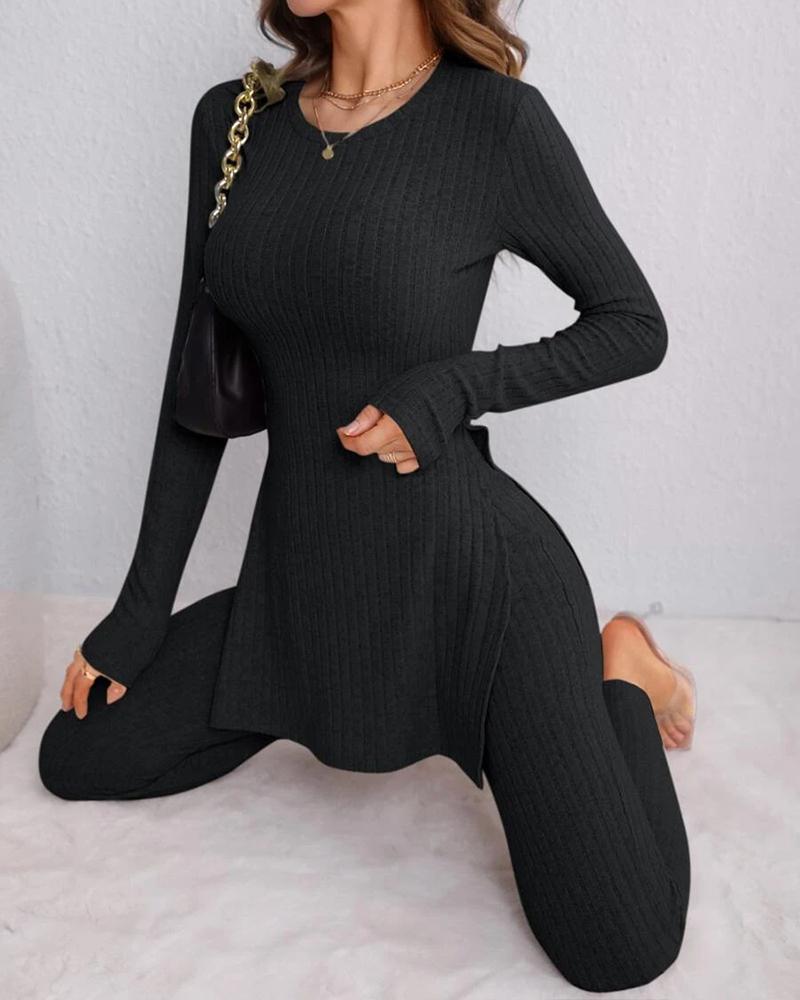 

O-Neck Long Sleeve Slit Top & Pants Set, Black