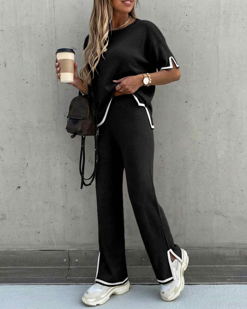 

Conjunto de 2 piezas de top de cuello redondo, manga corta, dobladillo alto-bajo y pantalón recto con cintura elástica, conjunto informal de ropa de estar por casa de punto con paneles en contraste y aberturas laterales., Black