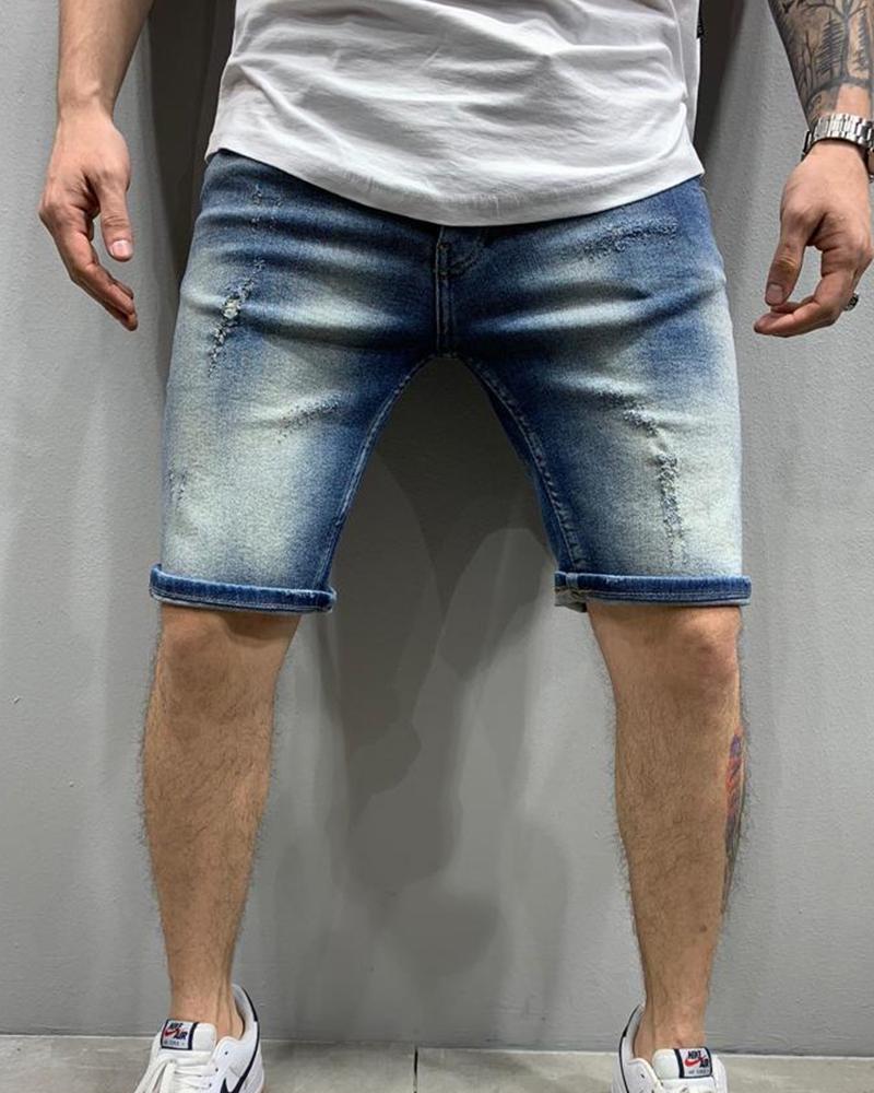 

Solid Washing Effect Denim Shorts, Blue