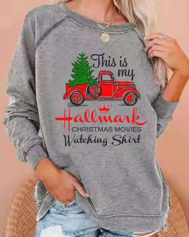 

Christmas Tree Car Letter Print Long Sleeve Sweatshirt, Gray