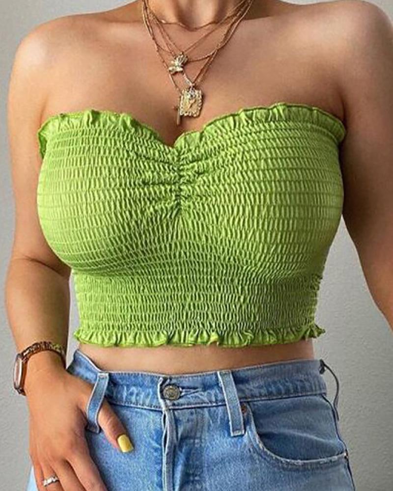 

Frill Hem Shirring Detail Bandeau Top, Green
