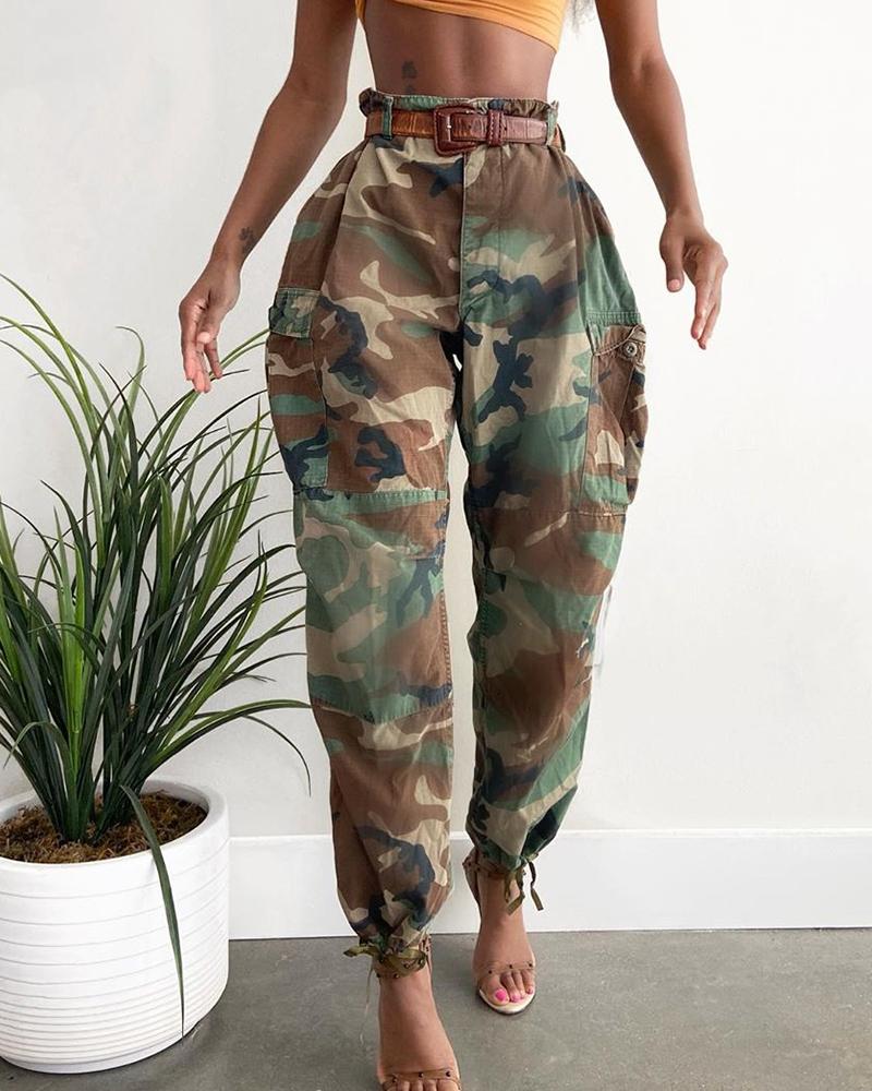 

High Waist Camouflage Print Casual Pants, Camoflage