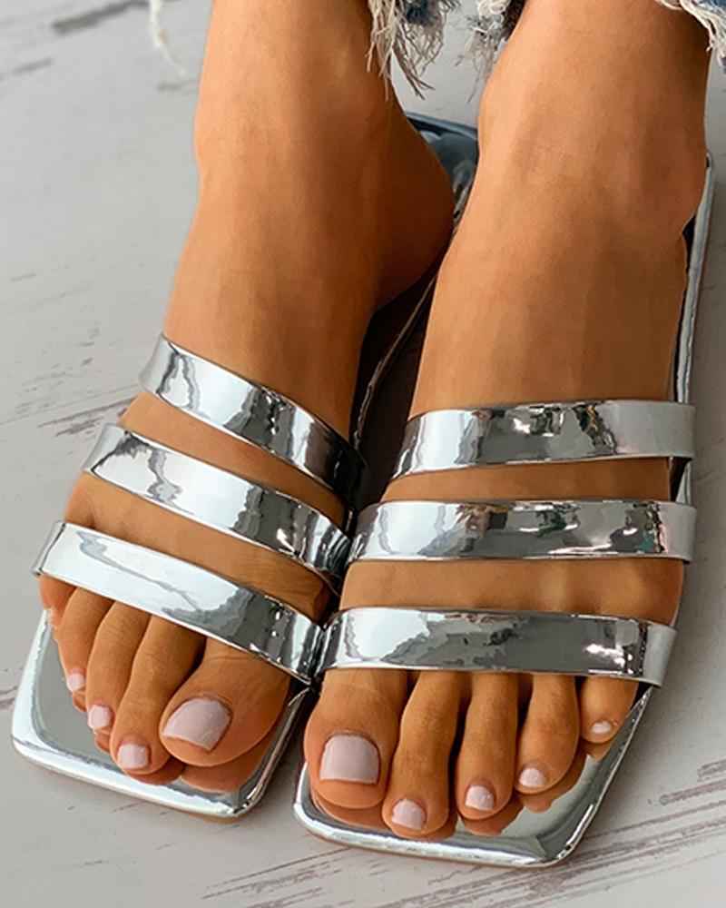 

Multi Strap Square Toe Flat Sandals, Silver