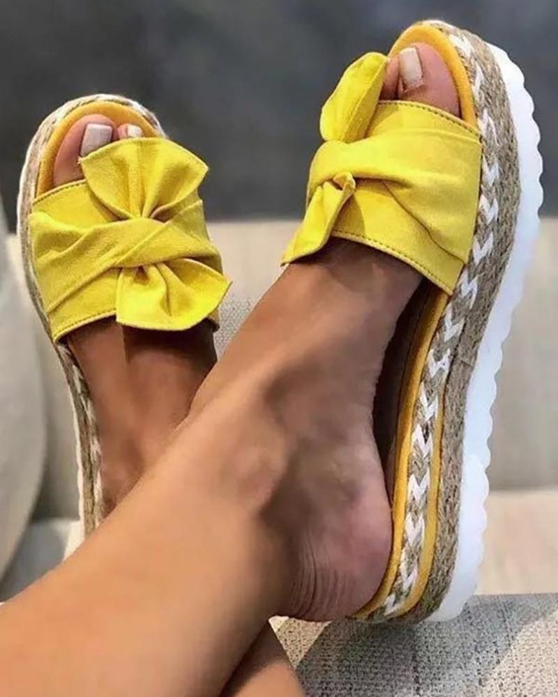

Bowknot Design Woven Flax Slippers, Yellow