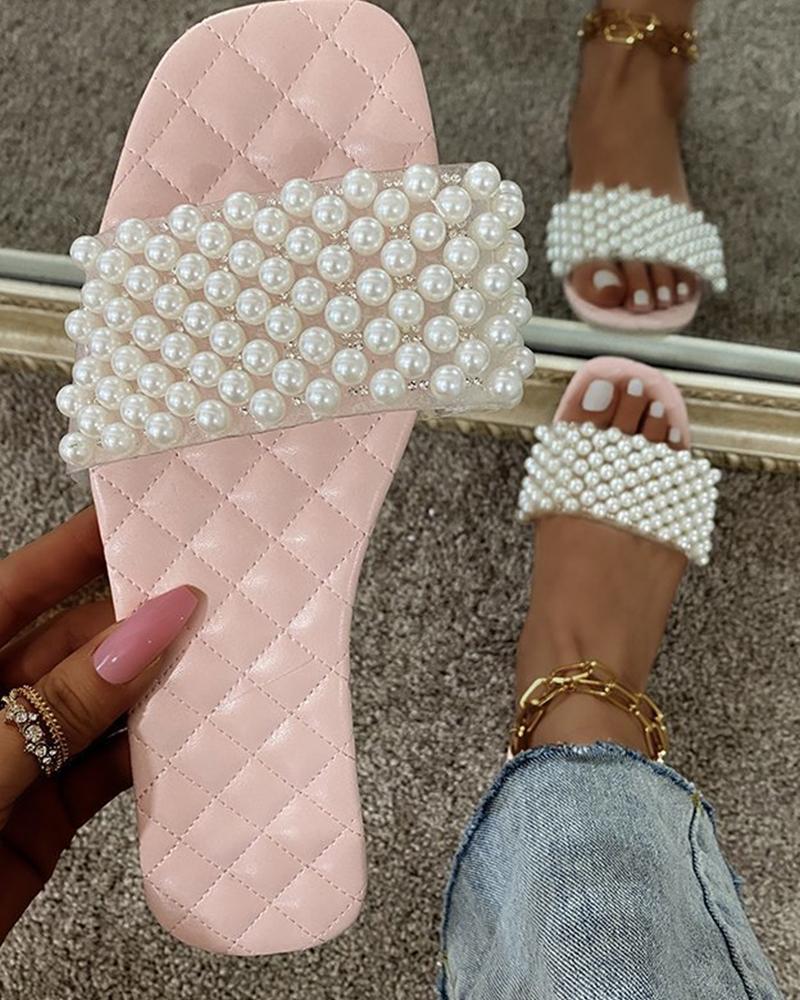 

Beaded Banded Upper Square-toe Sandals, Pink