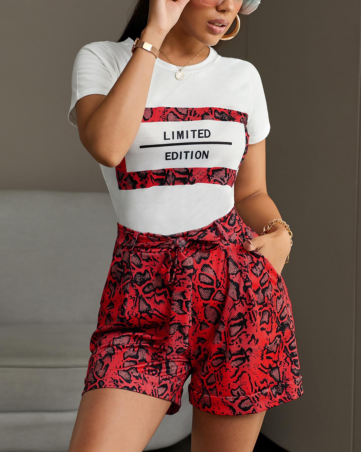 

Letter Short Sleeve Tee With Snakeskin Shorts Sets, Red
