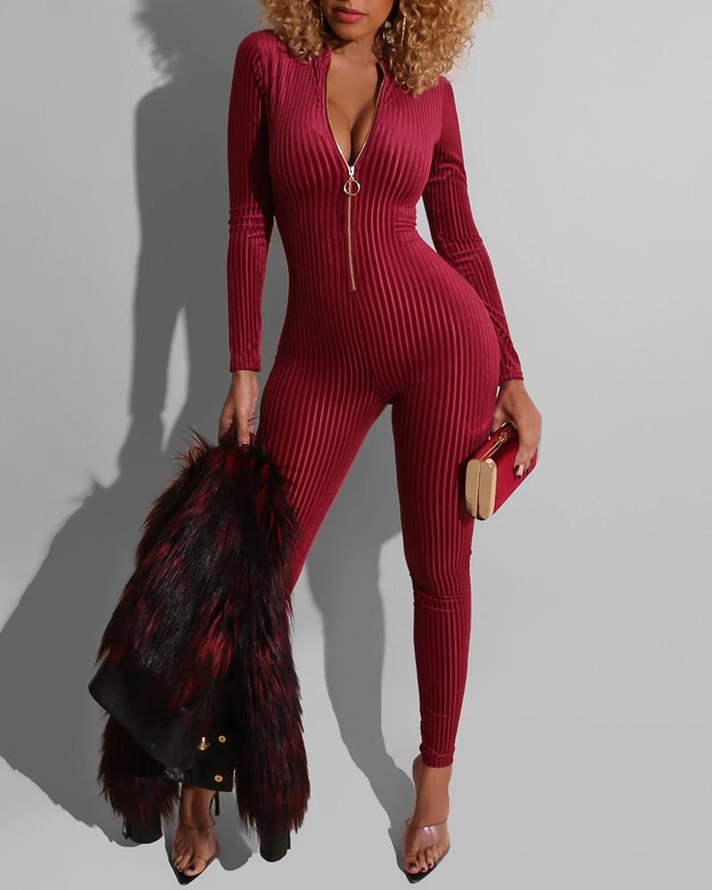 

Striped Print Zipper Design Long Sleeve Skinny Jumpsuit, Wine red