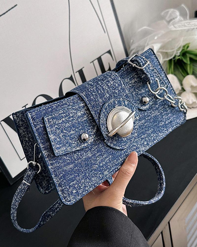 

Denim Look Print Twist Lock Canvas Satchel Bag, Dark blue