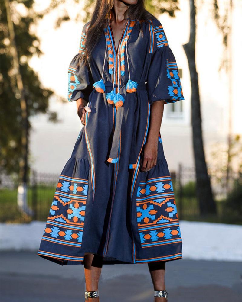 

Colorblock Bell Sleeve Tassel Design Dress, Blue