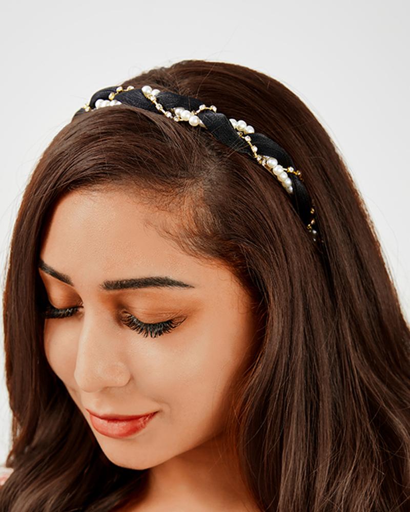 

Rhinestones Faux Pearl Decor Headband Wedding Bridal Bridesmaid Hair Hoop, Black