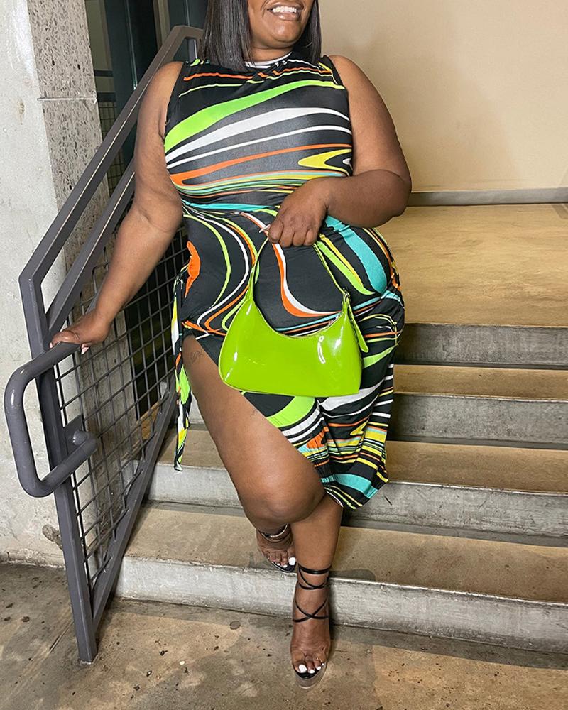 

Plus Size Abstract Print Tied Detail High Slit Casual Dress, Green