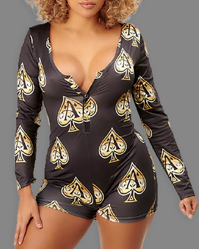 

All Over Print Long Sleeve Functional Buttoned Design Romper, Black