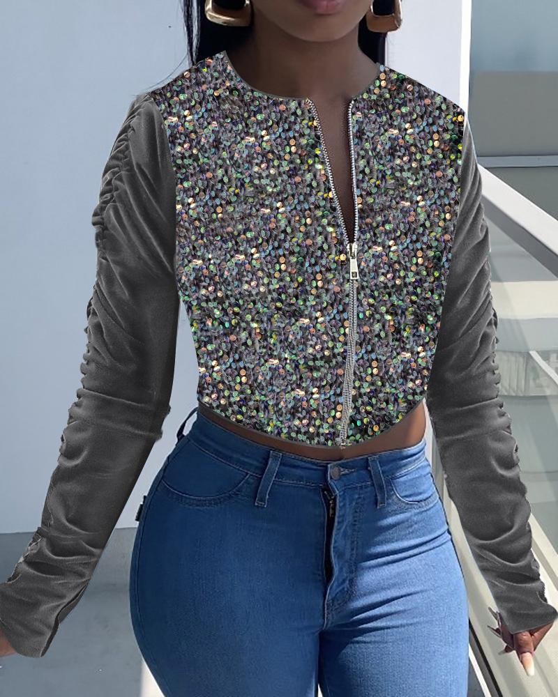 

Contrast Sequin Velvet Ruched Crop Coat, Gray