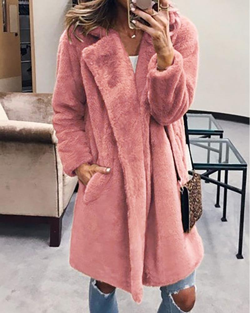 

Pocket Design Long Sleeve Faux Fur Coat, Pink