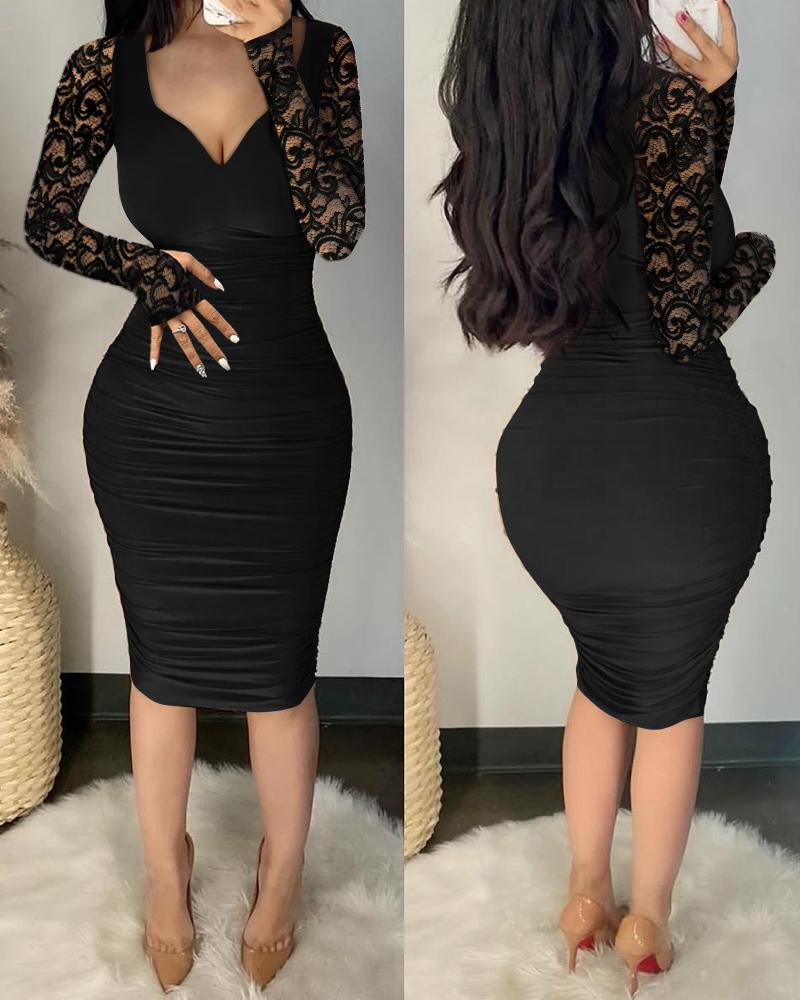 

Contrast Lace Long Sleeve Ruched Bodycon Dress, Black