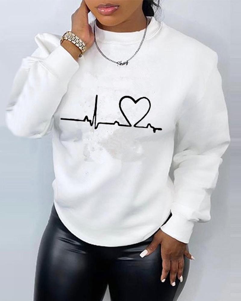 

Heart Print Long Sleeve Casual Sweatshirt, White