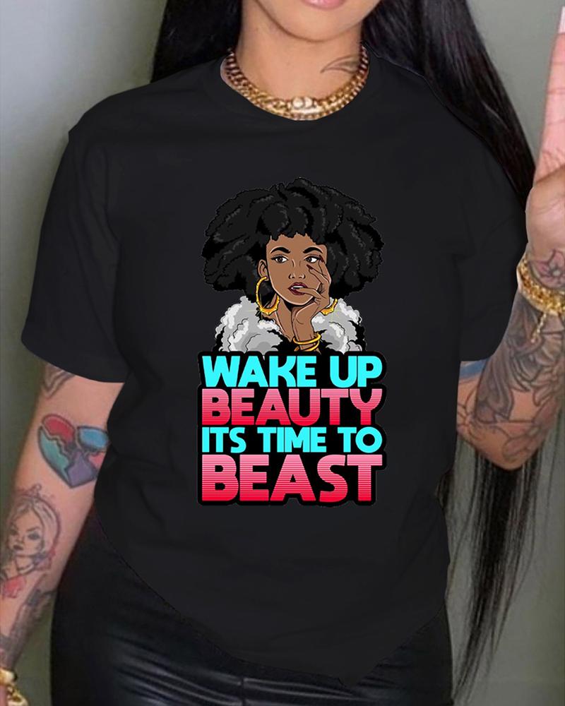 

Figure Letter Print Short Sleeve T-shirt, Black