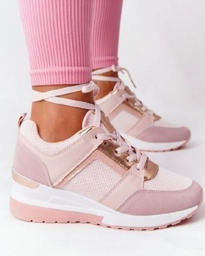 

Lace-up Hollow Out Wedge Sneakers, Pink