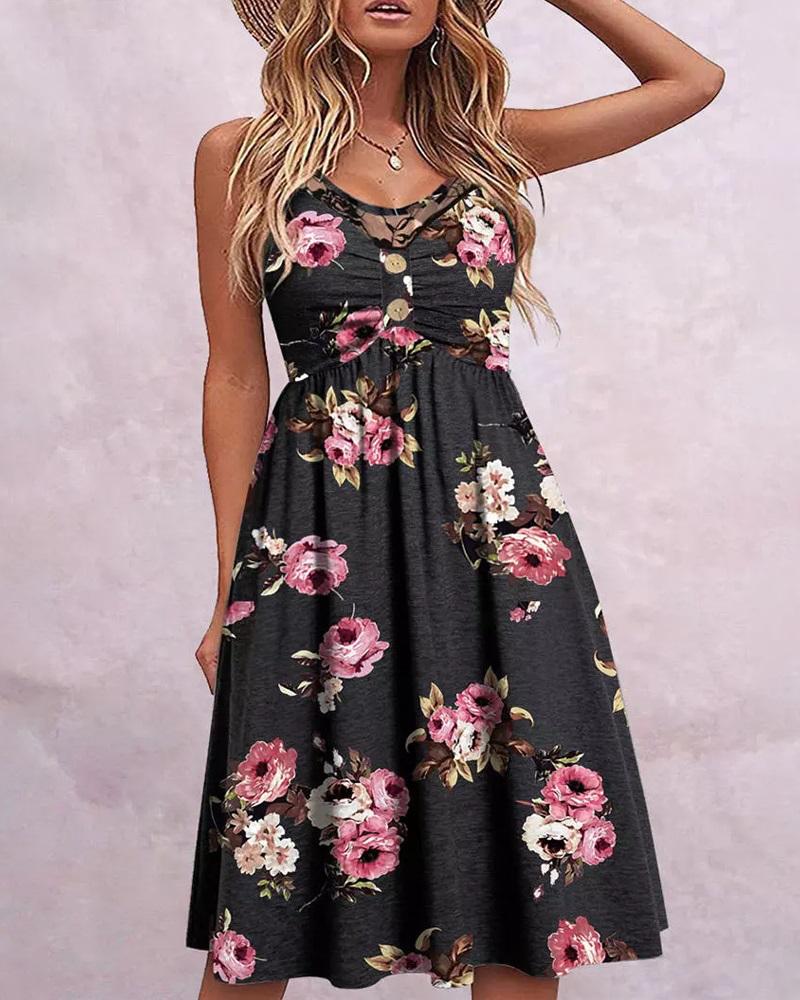 

Floral Print Crisscross Buttoned Casual Dress, Black