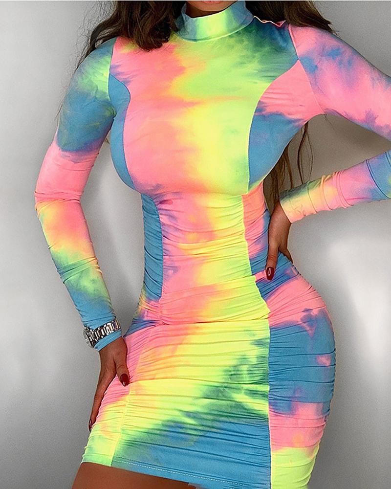 

Tie Dye Print Long Sleeve Ruched Bodycon Women Dress, Multicolor