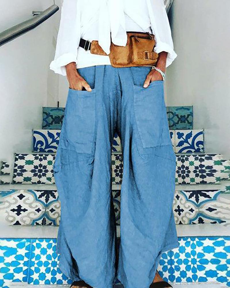 

Pocket Design Wide Leg Casual Pants, Dark blue