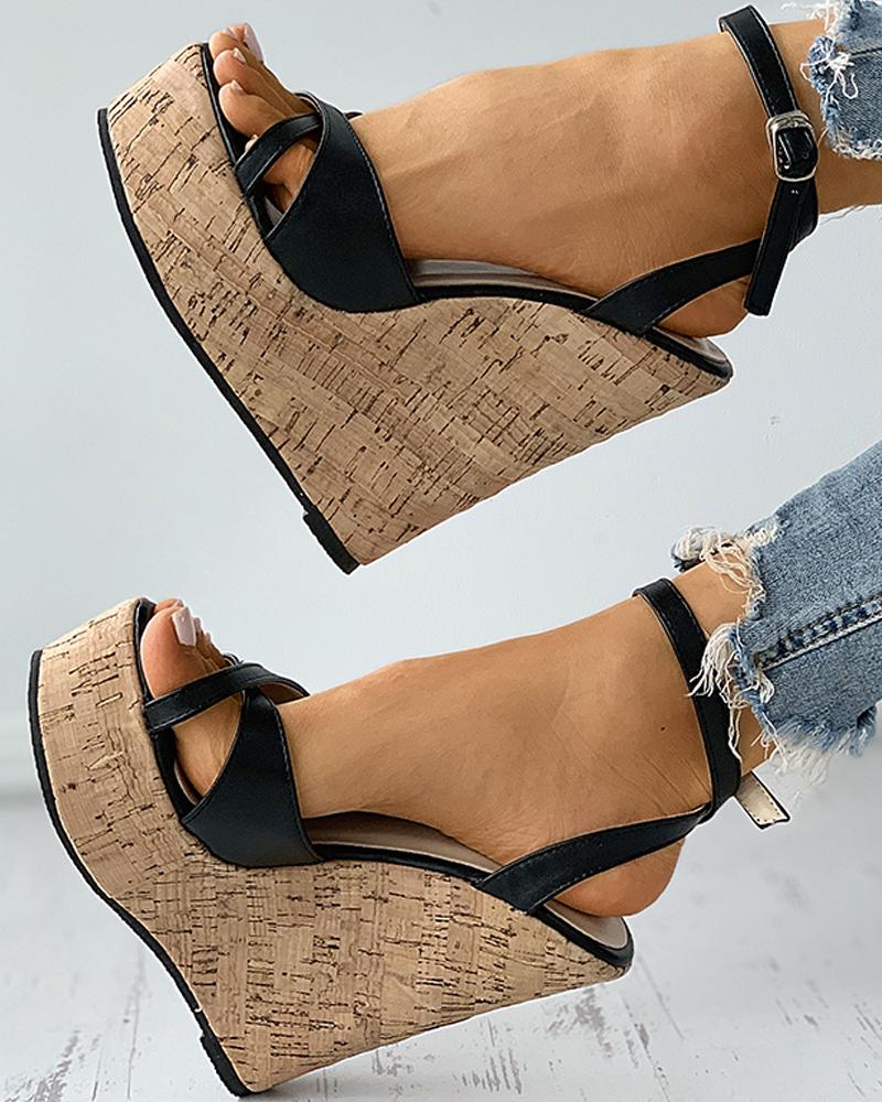 

Peep Toe Cutout Woven Flax Wedges Sandals, Black