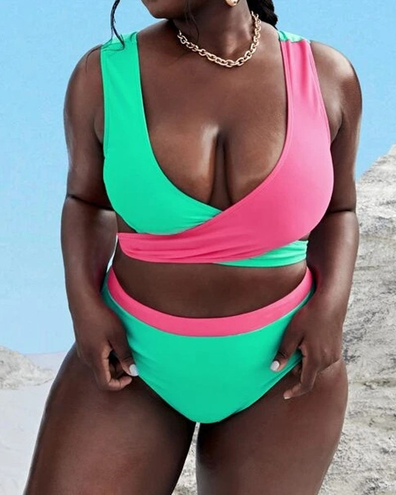 

Plus Size Colorblock Crisscross Tied Detail High Waist Bikini Set, Pink&green