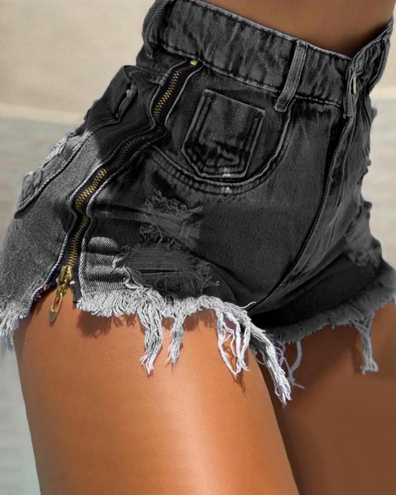 

Side Zipper Raw Hem Denim Shorts, Dark grey