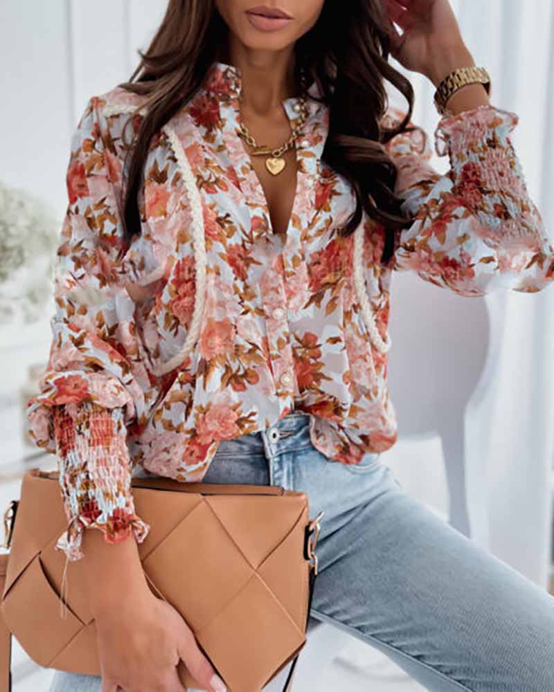 

Buttoned Floral Print Lace Patch Shirred Frill Hem Top, Orange