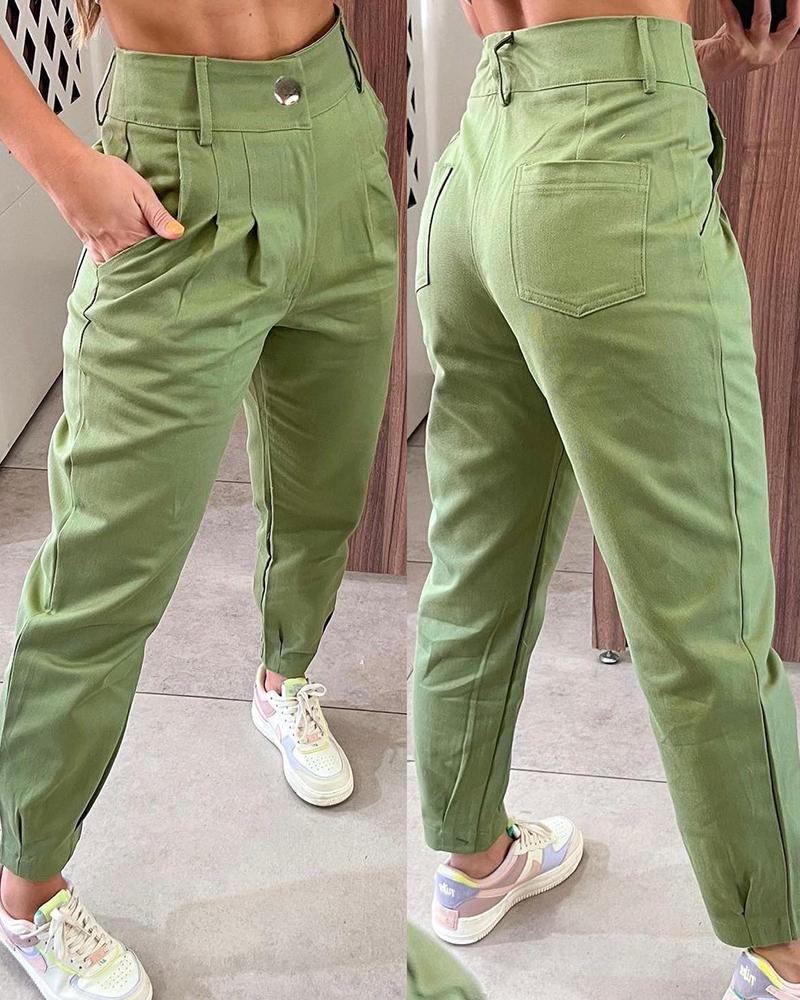 

Ruched Pocket Design Cuffed Work Pants, Green