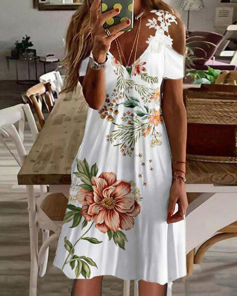 

Floral Print Contrast Lace Cold Shoulder Casual Dress, White