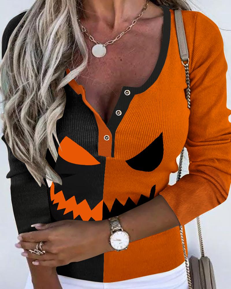 

Halloween Graphic Print Colorblock Long Sleeve Top, Orange