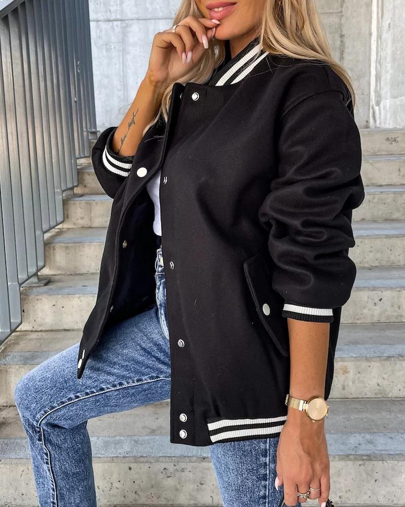 

Contrast Paneled Baseball Collar Bomber Jacket, Black