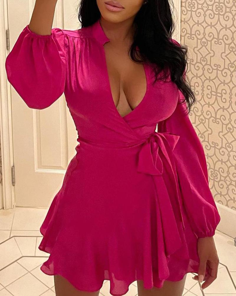 

Plunge Lantern Sleeve Ruffles Tied Detail Dress, Hot pink