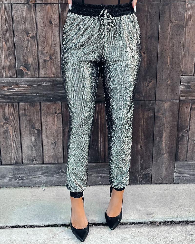 

Metallic Drawstring Casual Cuffed Pants, Silver