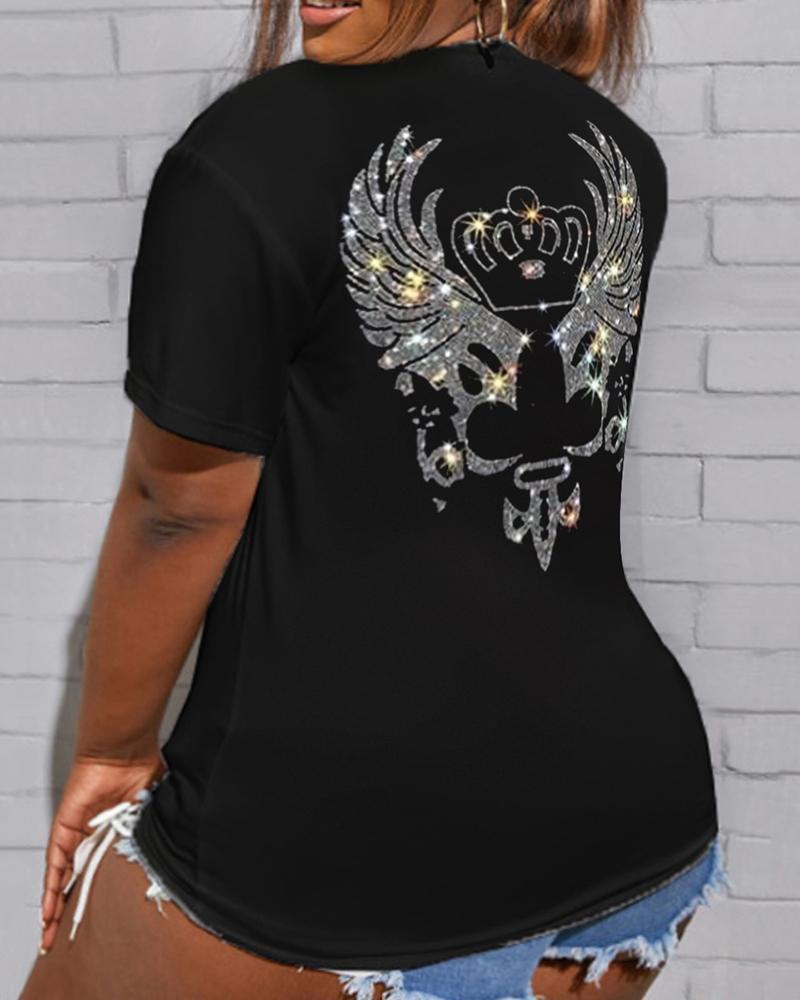 

Plus Size Rhinestone Crown Wings Pattern T-shirt, Black