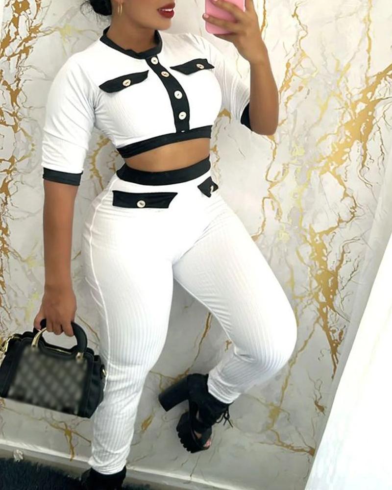 

Contrast Binding Buttoned Crop Top & Pants Set, White