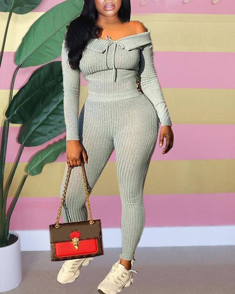 

Off Shoulder Ribbed Top & High Waist Pants Set, Gray