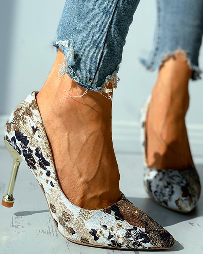 

Floral Pattern Pointed Toe Stiletto Heel, Beige