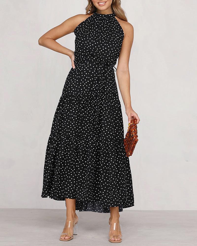 

Sleeveless Polka Dot Print Maxi Dress With Belt, Black