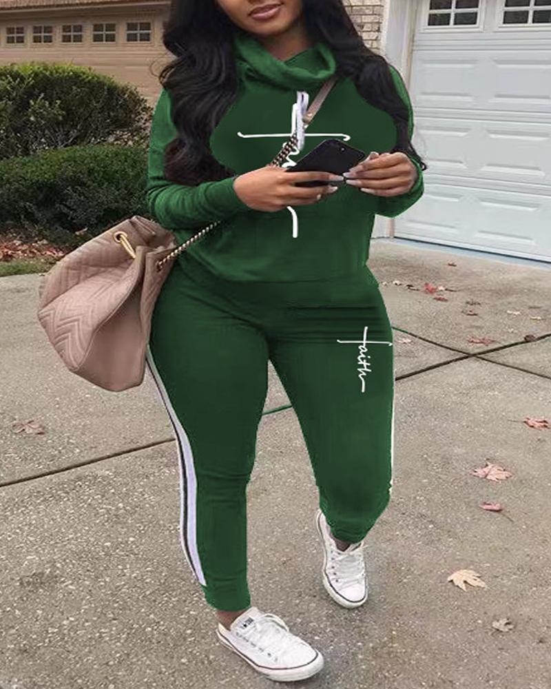 

Plus Size Letter Print Long Sleeve Hoodie & Pants Set, Green