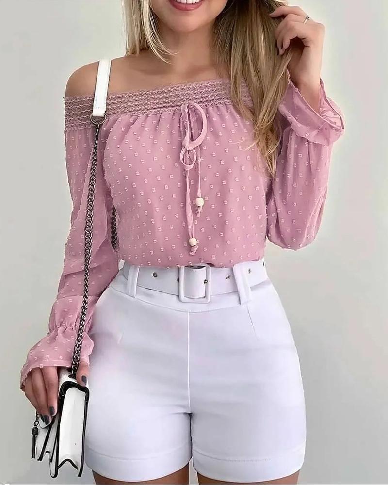 

Contrast Lace Off Shoulder Swiss Dot Chiffon Top, Pink