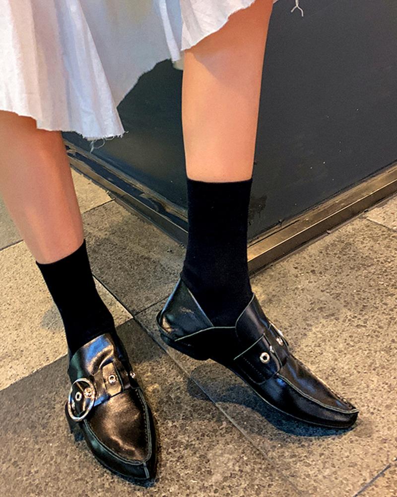 

Pointed Toe Ring Belt Loafers, Black